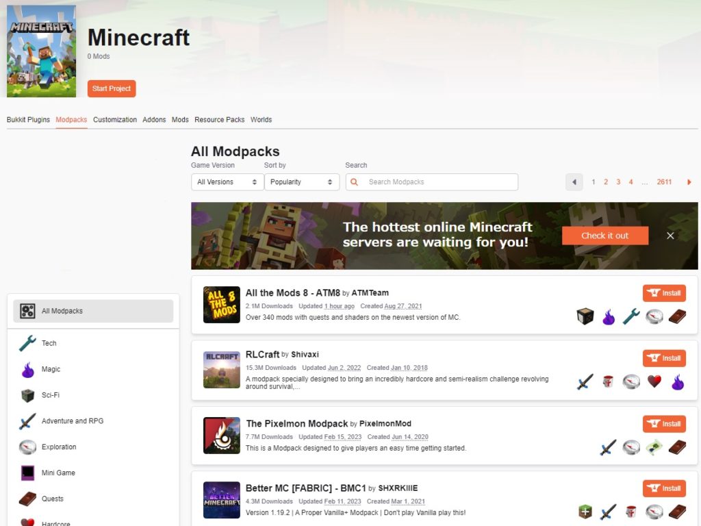CurseForgeのMinecraftカテゴリ画面