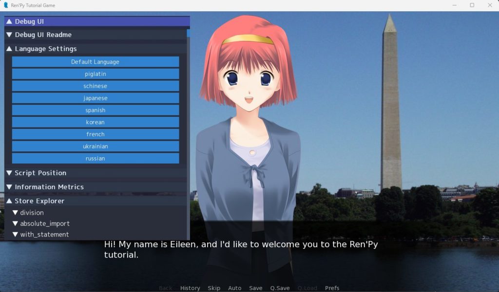 Ren'Py公式チュートリアルに導入したRen'Py Debug UI
