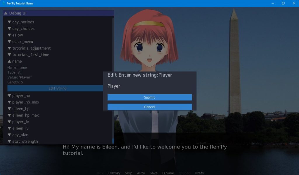 Ren'Py Debug UIの変数編集画面